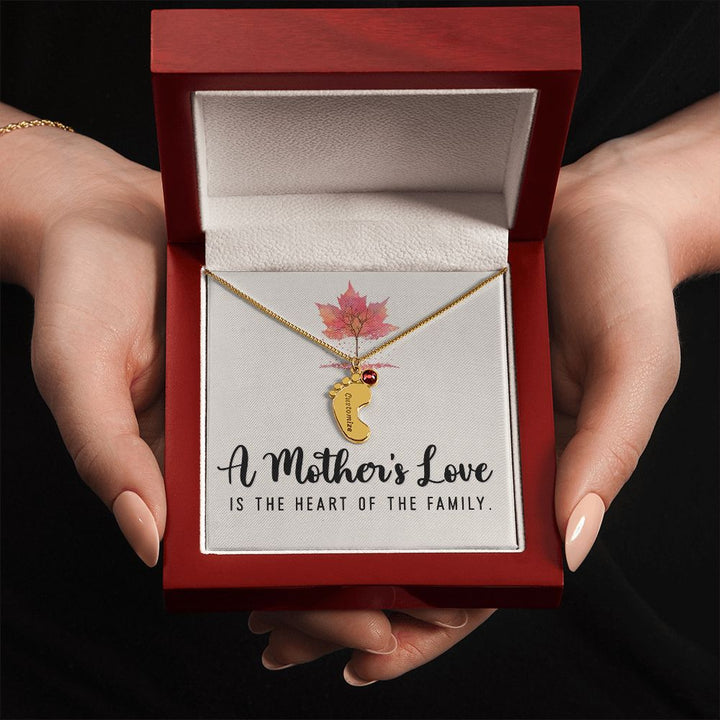 A Mother's Love is the Heart of the Family - Baby Feet Necklace with Birthstone