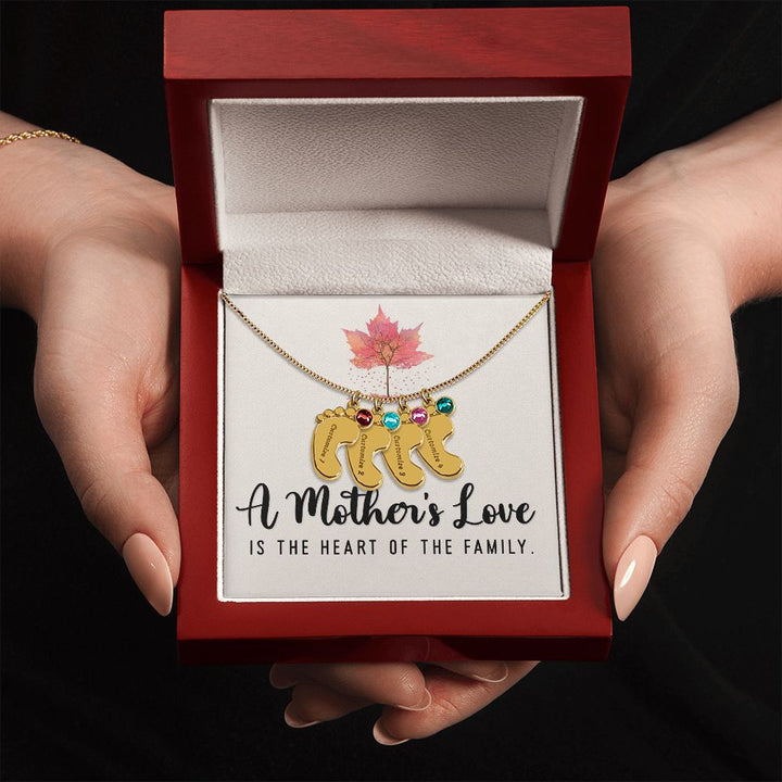 A Mother's Love is the Heart of the Family - Baby Feet Necklace with Birthstone