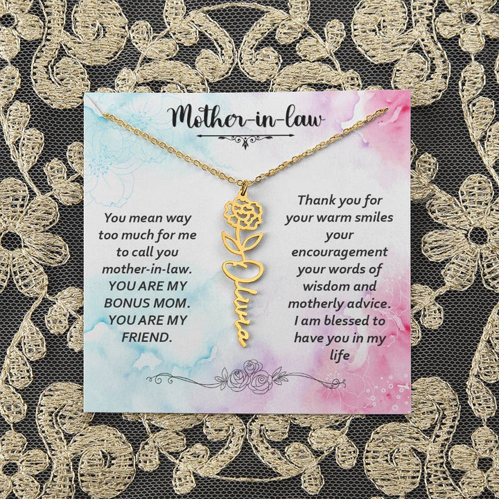 Mother - in - Law | You mean way too much for  me to call you mother-in-law. I am blessed  to have you in my life - Flower Name Necklace