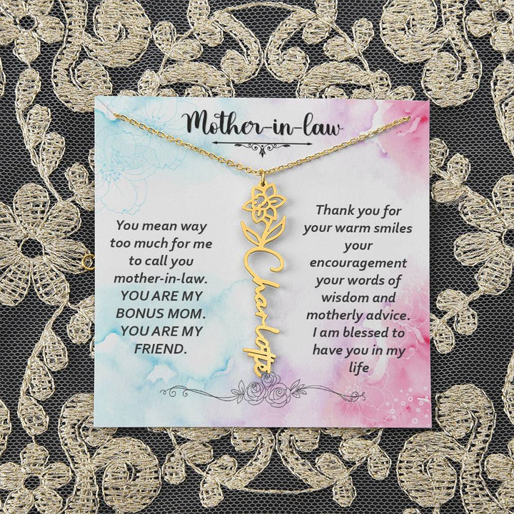 Mother - in - Law | You mean way too much for  me to call you mother-in-law. I am blessed  to have you in my life - Flower Name Necklace