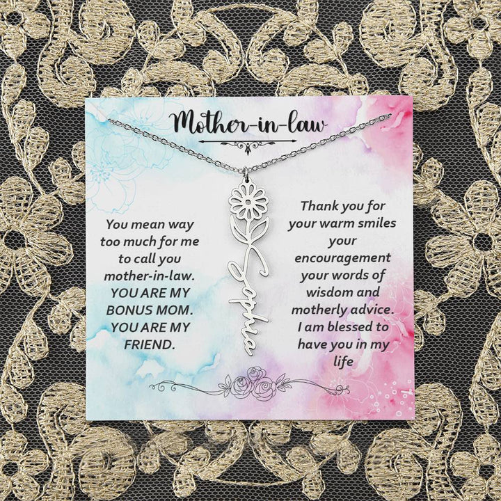 Mother - in - Law | You mean way too much for  me to call you mother-in-law. I am blessed  to have you in my life - Flower Name Necklace