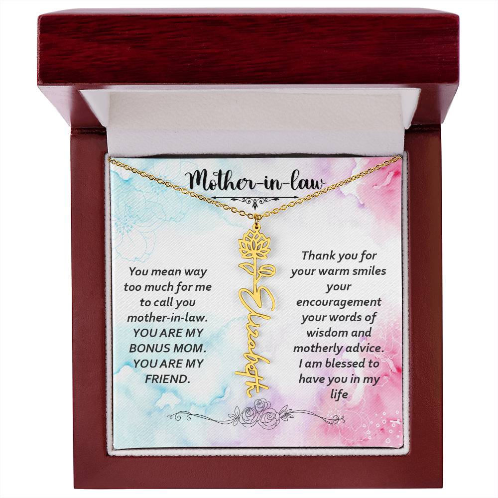 Mother - in - Law | You mean way too much for  me to call you mother-in-law. I am blessed  to have you in my life - Flower Name Necklace