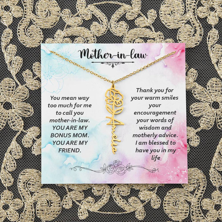 Mother - in - Law | You mean way too much for  me to call you mother-in-law. I am blessed  to have you in my life - Flower Name Necklace