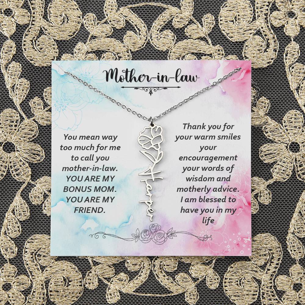 Mother - in - Law | You mean way too much for  me to call you mother-in-law. I am blessed  to have you in my life - Flower Name Necklace