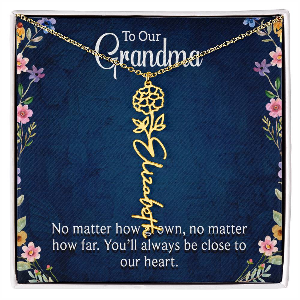 To Our Grandma | No matter how grown, no matter how far. You'll always be close to our heart - Flower Name Necklace