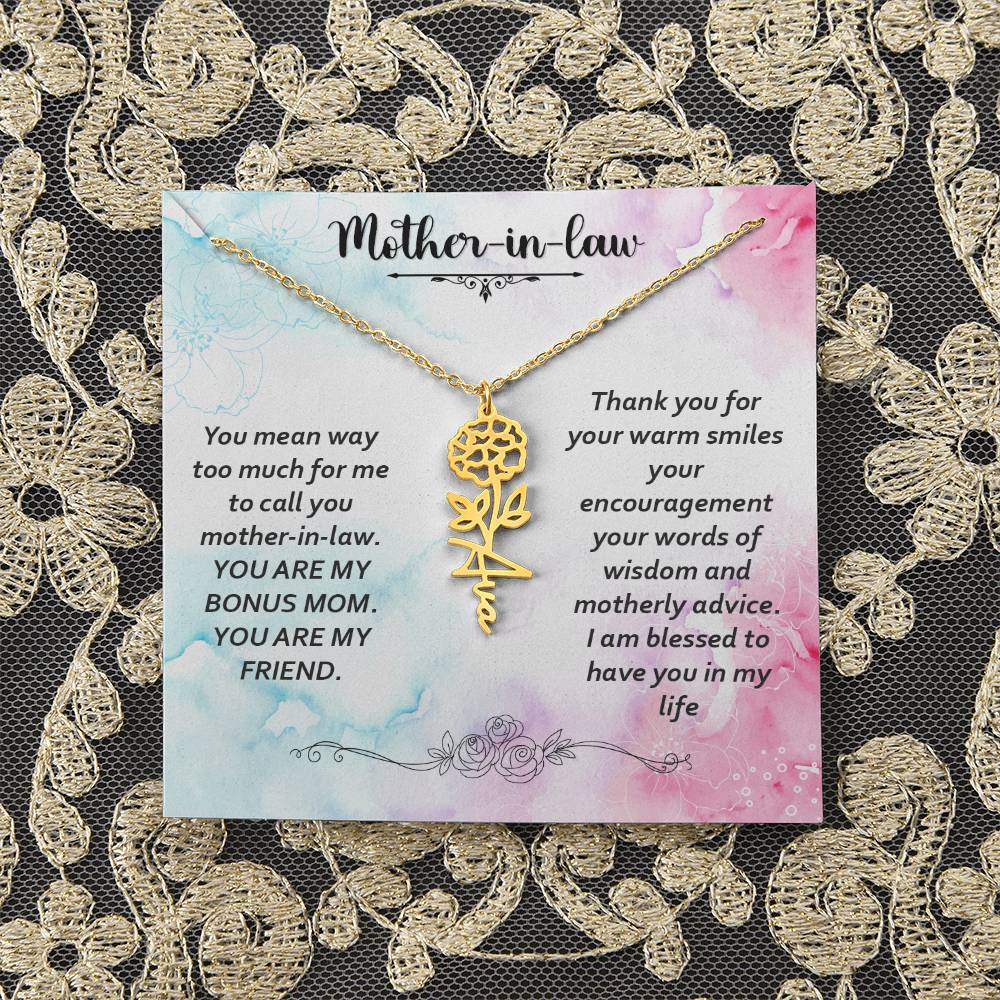 Mother - in - Law | You mean way too much for  me to call you mother-in-law. I am blessed  to have you in my life - Flower Name Necklace