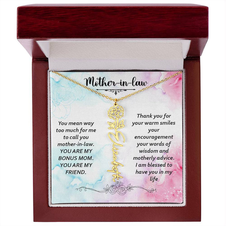 Mother - in - Law | You mean way too much for  me to call you mother-in-law. I am blessed  to have you in my life - Flower Name Necklace