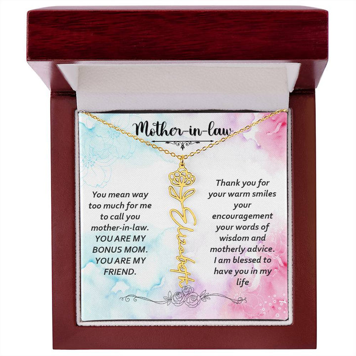 Mother - in - Law | You mean way too much for  me to call you mother-in-law. I am blessed  to have you in my life - Flower Name Necklace