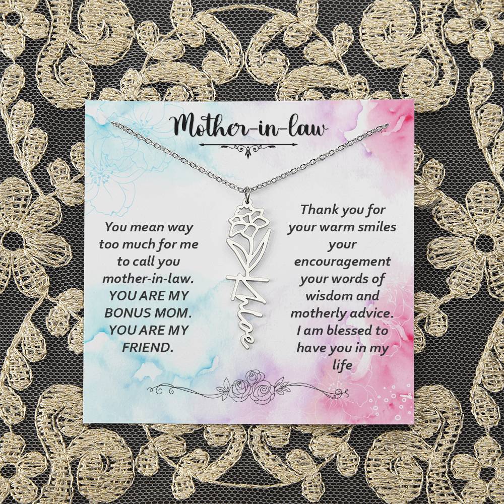 Mother - in - Law | You mean way too much for  me to call you mother-in-law. I am blessed  to have you in my life - Flower Name Necklace