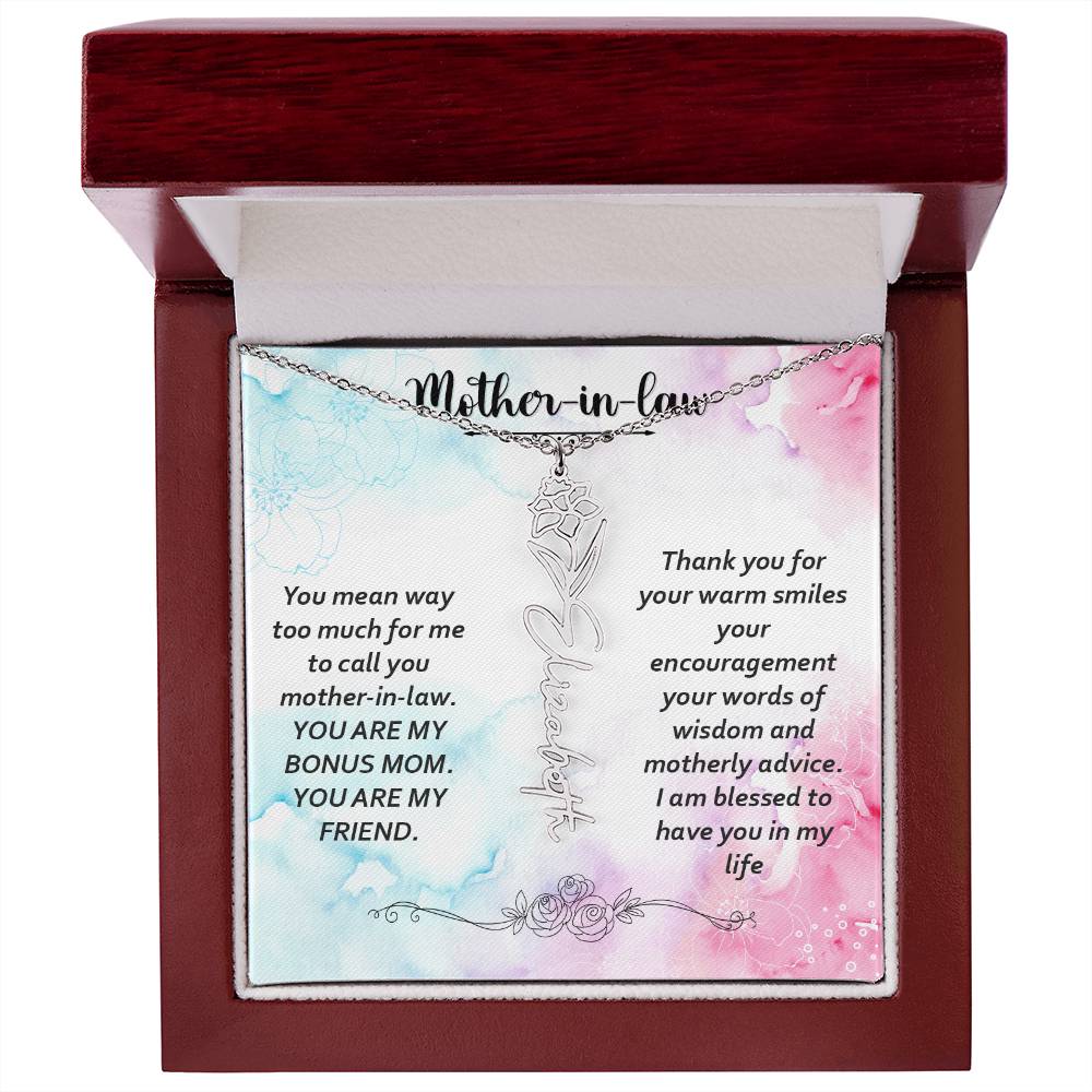 Mother - in - Law | You mean way too much for  me to call you mother-in-law. I am blessed  to have you in my life - Flower Name Necklace