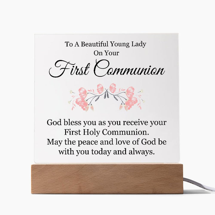 To A Beautiful Young Lady on Your First Communion | God bless you as you receive your First Hole Communion - Square Acrylic Plaque