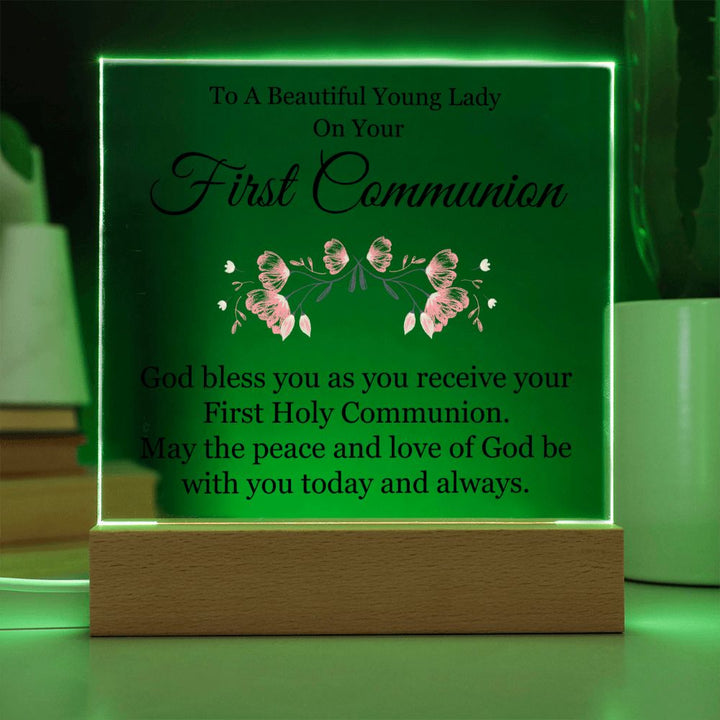 To A Beautiful Young Lady on Your First Communion | God bless you as you receive your First Hole Communion - Square Acrylic Plaque