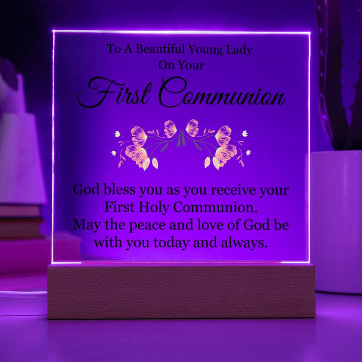 To A Beautiful Young Lady on Your First Communion | God bless you as you receive your First Hole Communion - Square Acrylic Plaque