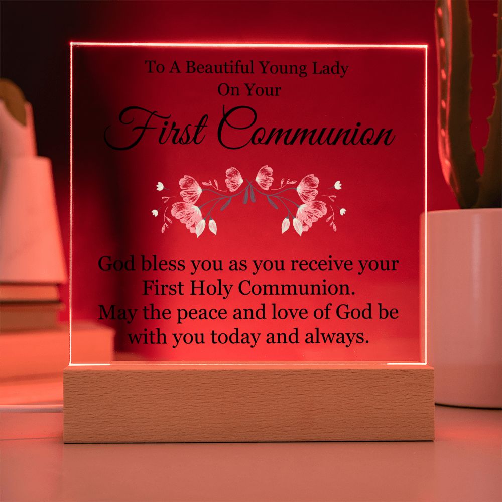 To A Beautiful Young Lady on Your First Communion | God bless you as you receive your First Hole Communion - Square Acrylic Plaque