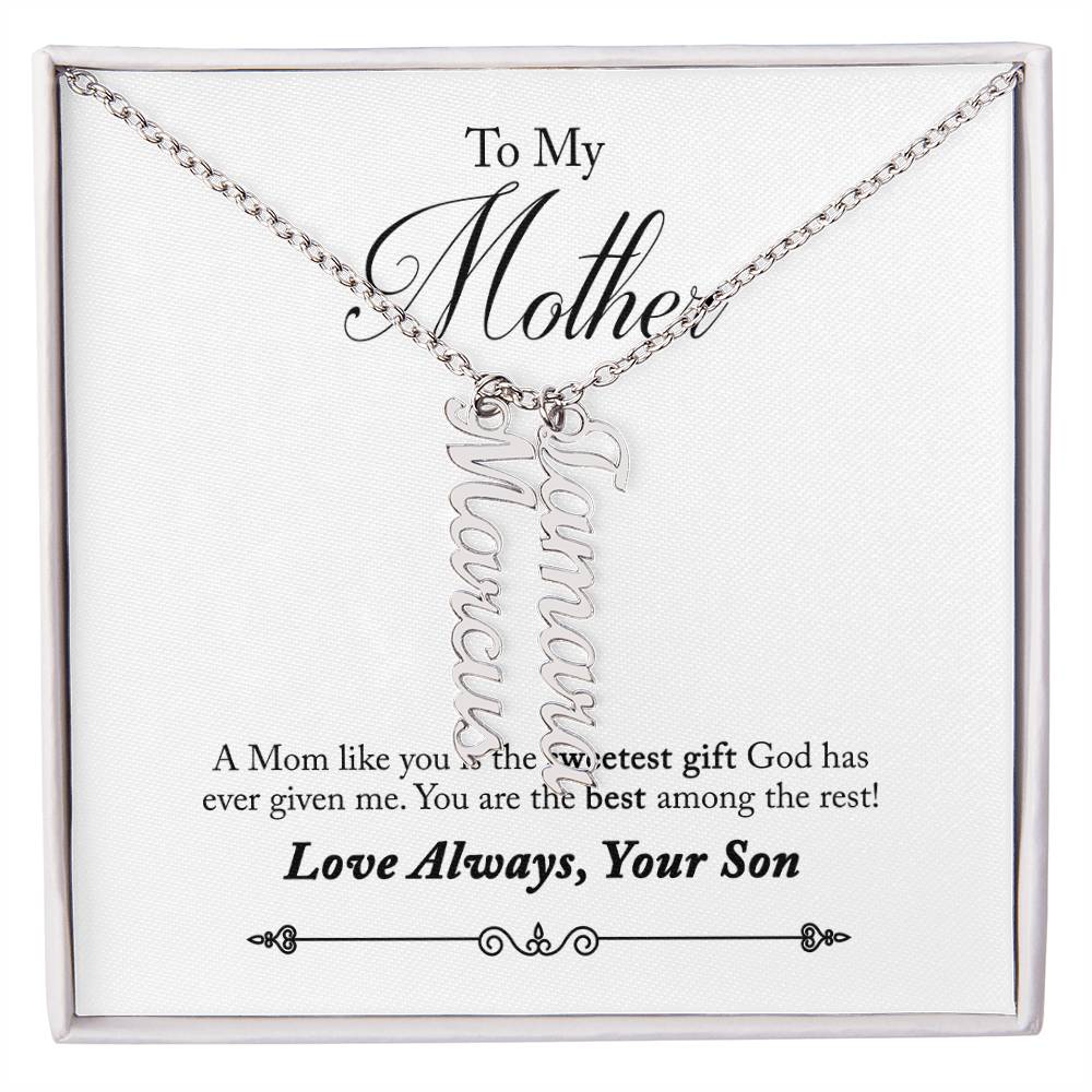 To My Mother |  A Mom like you is the sweetest gift God has ever given me - Multi Vertical Name Necklace