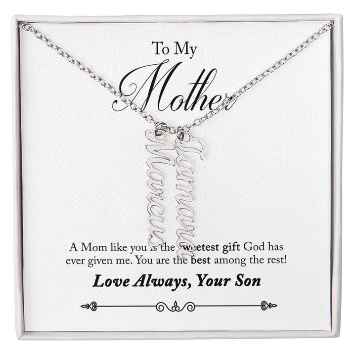 To My Mother |  A Mom like you is the sweetest gift God has ever given me - Multi Vertical Name Necklace