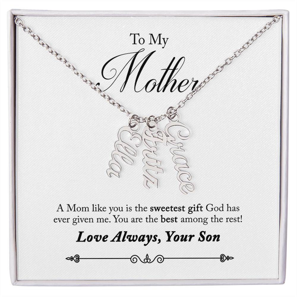 To My Mother |  A Mom like you is the sweetest gift God has ever given me - Multi Vertical Name Necklace