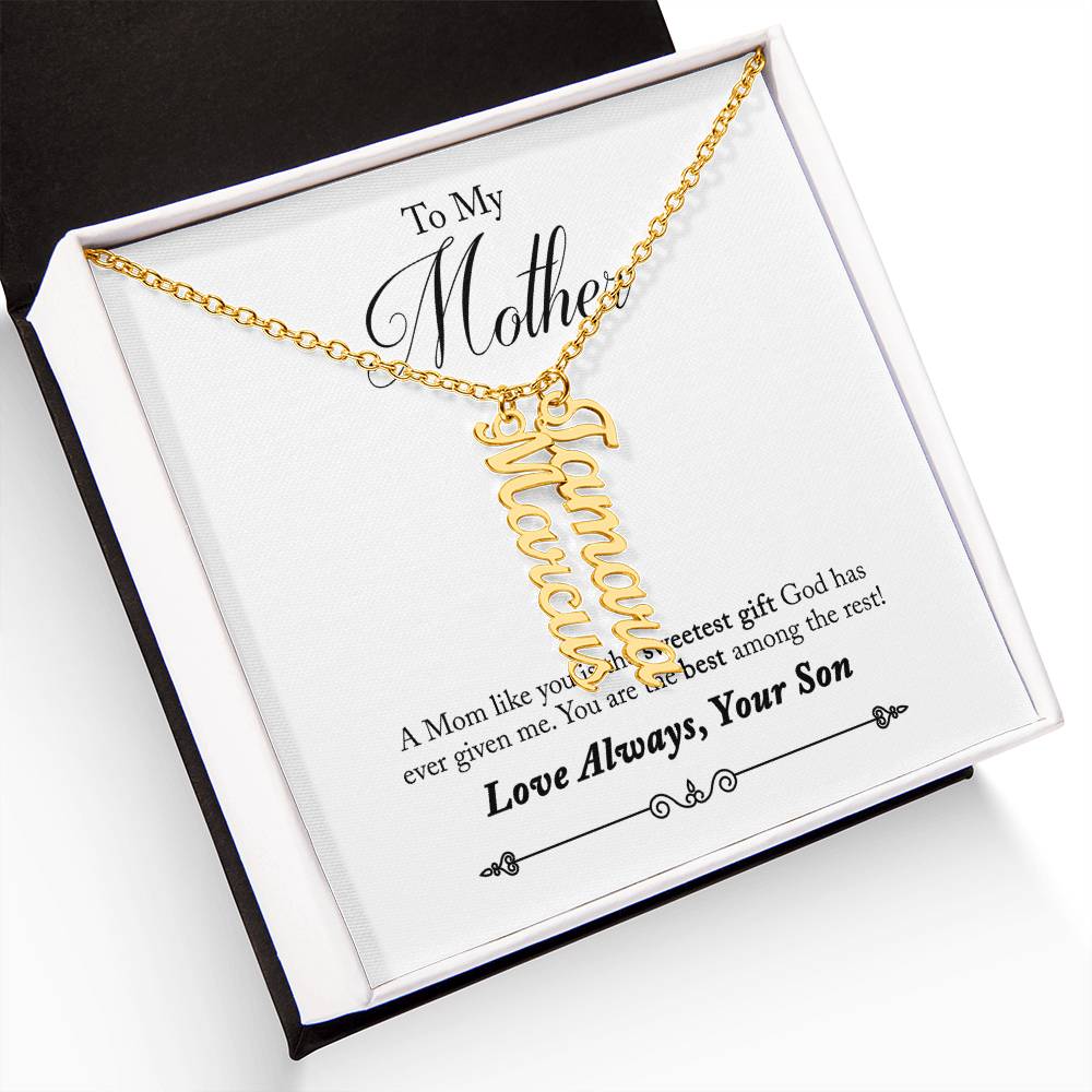 To My Mother |  A Mom like you is the sweetest gift God has ever given me - Multi Vertical Name Necklace