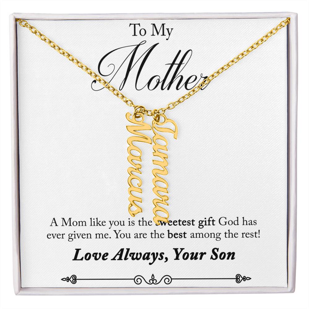 To My Mother | A Mom like you is the sweetest gift God has ever given me - Multi Vertical Name Necklace