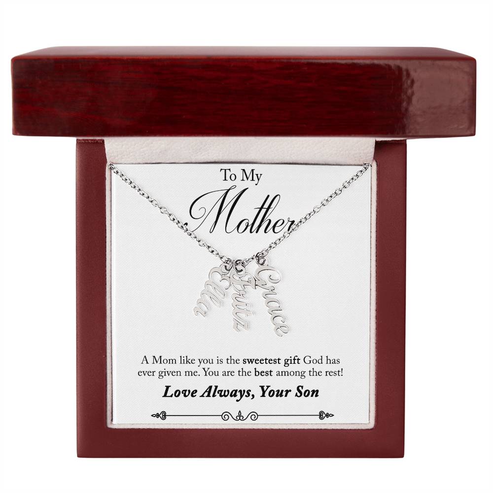 To My Mother | A Mom like you is the sweetest gift God has ever given me - Multi Vertical Name Necklace