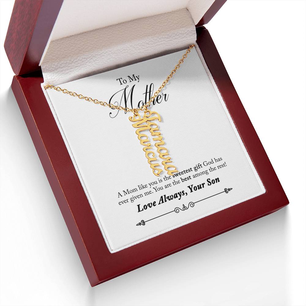 To My Mother |  A Mom like you is the sweetest gift God has ever given me - Multi Vertical Name Necklace