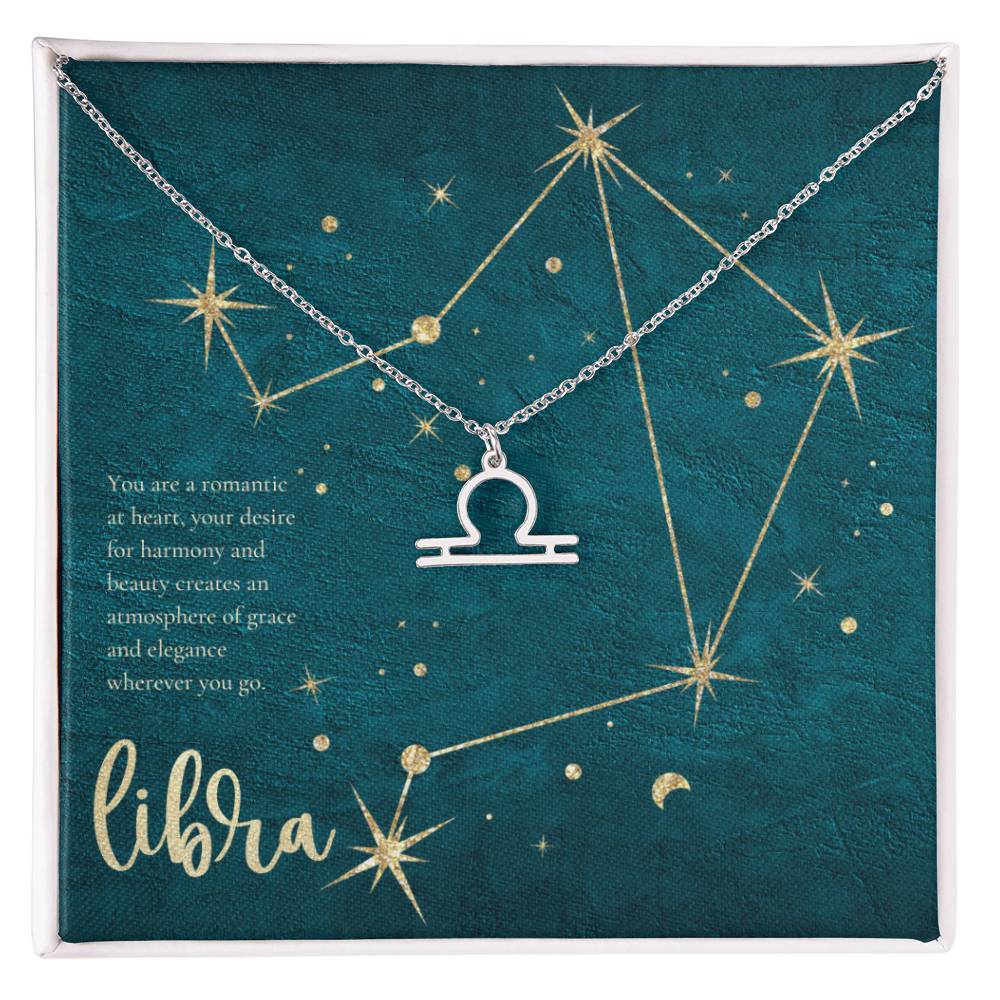 Libra | You are a romantic at heart, your desire for harmony and beauty creates an atmosphere of grace and elegance wherever you go. - Zodiac Name Necklace