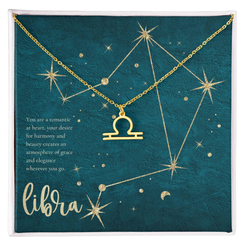 Libra | You are a romantic at heart, your desire for harmony and beauty creates an atmosphere of grace and elegance wherever you go. - Zodiac Name Necklace