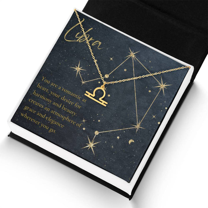 Libra | You are a romantic at heart, your desire for harmony and beauty creates an atmosphere of grace and elegance wherever you go. - Zodiac Name Necklace