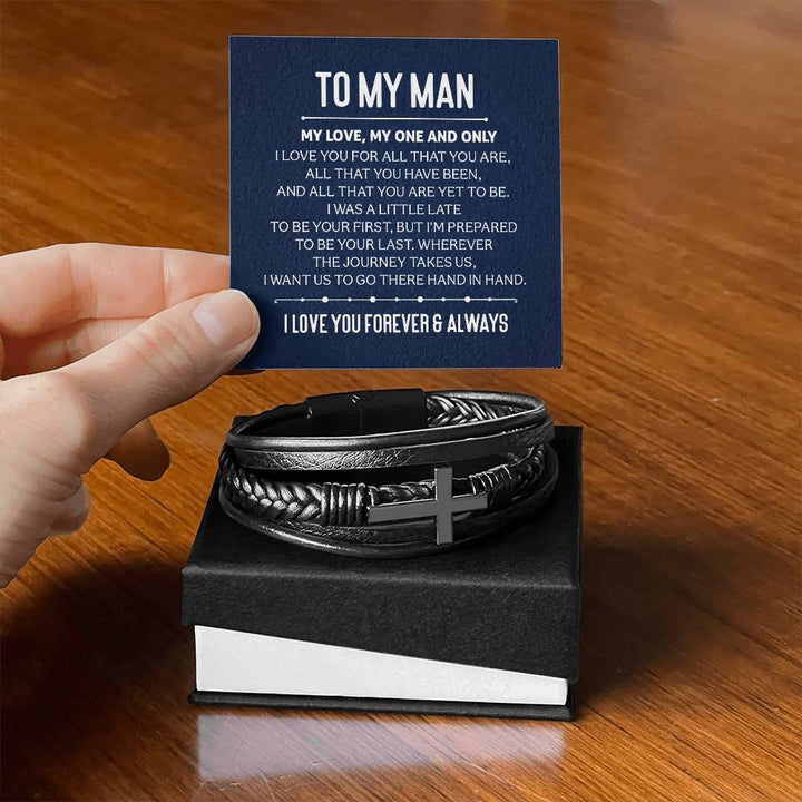 To My Man | My Love, My One and Only - Men's Cross Leather Bracelet