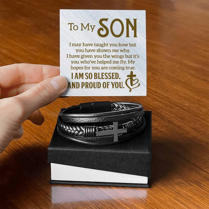 To My Son | I am so Blessed and Proud of You -  Men's Cross Leather Bracelet