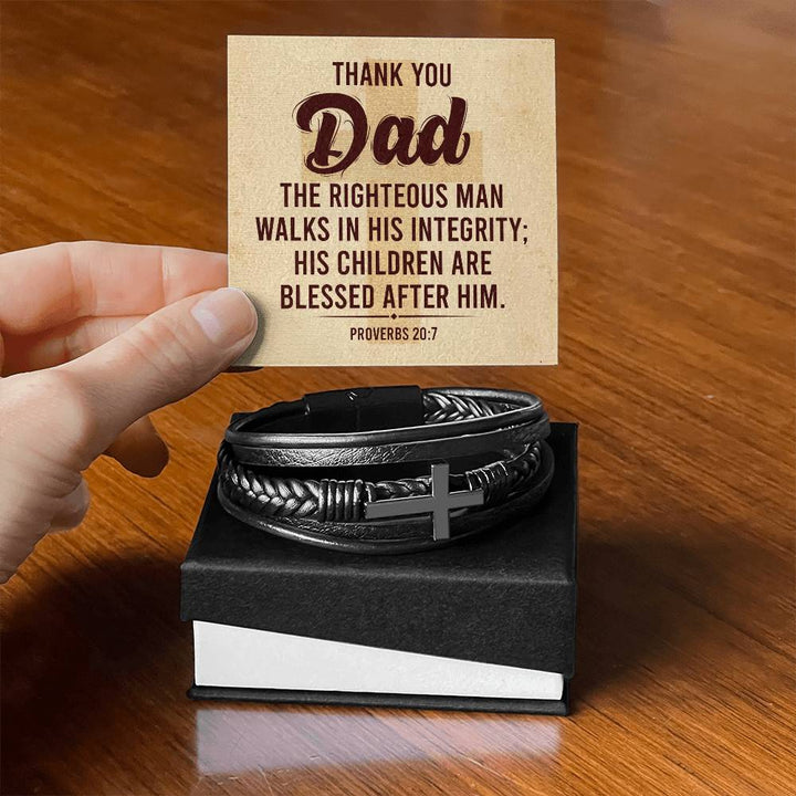 Thank you Dad | The righteous man walks in his integrity - Men's Cross Leather Bracelet