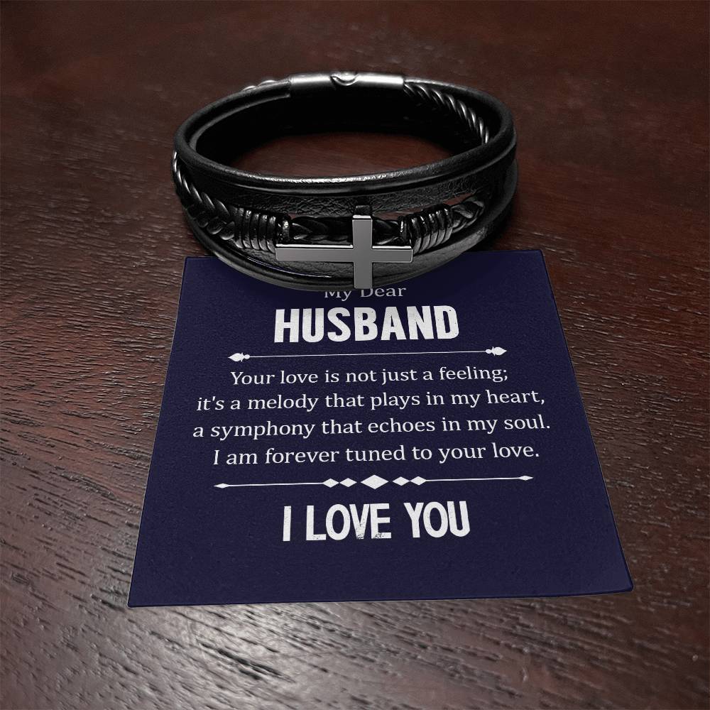 To My Dear Husband | I am forever turned to your Love - Men's Cross Leather Bracelet