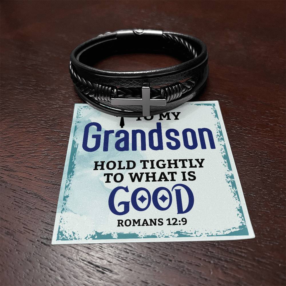 To My Grandson | Men's Cross Leather Bracelet