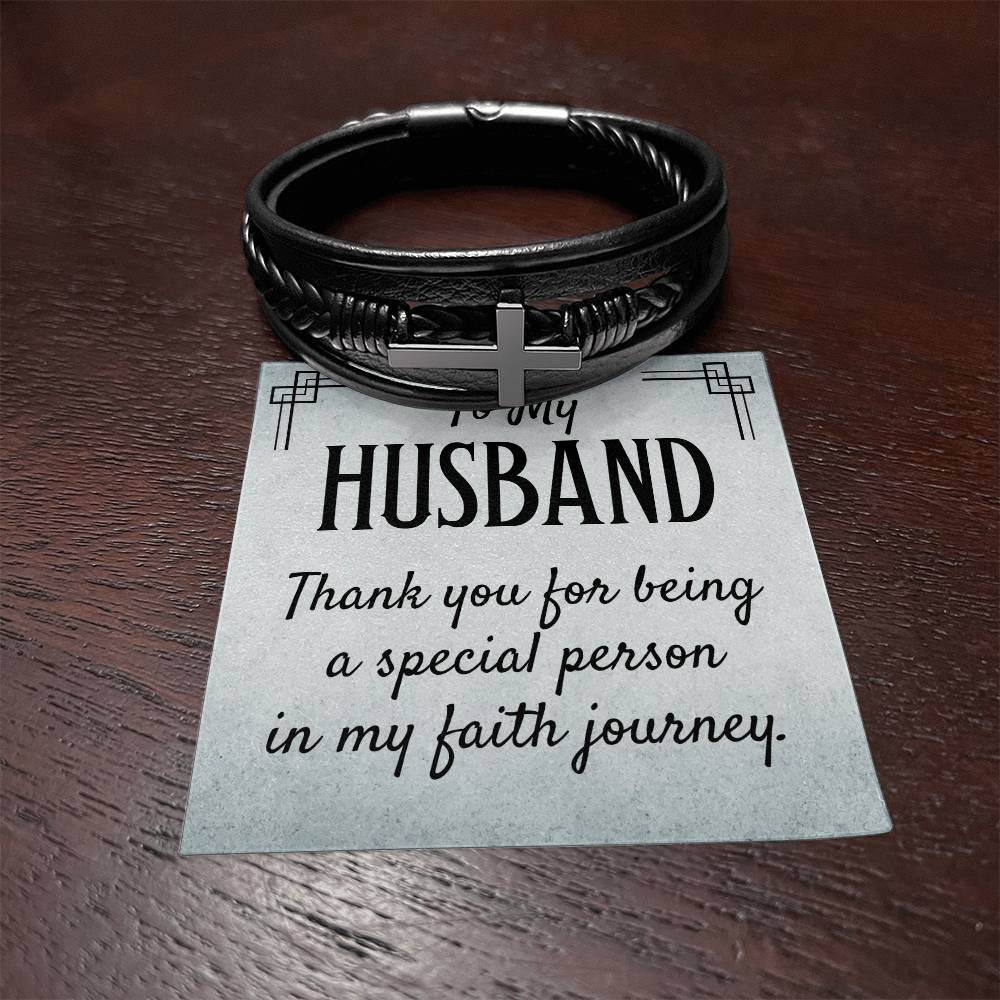 To My Husband | Thank you for being a special person in my Faith journey - Men's Cross Leather Bracelet