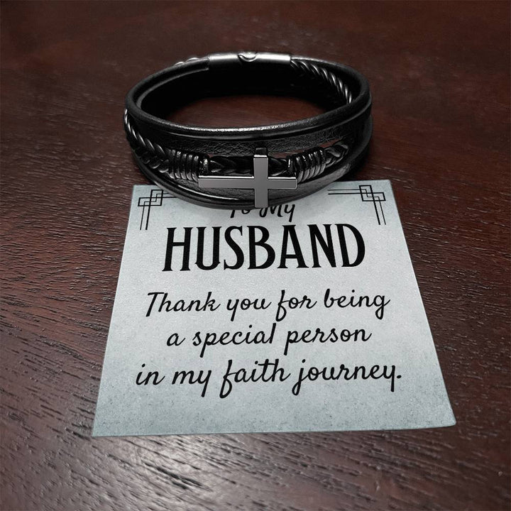 To My Husband | Thank you for being a special person in my Faith journey - Men's Cross Leather Bracelet