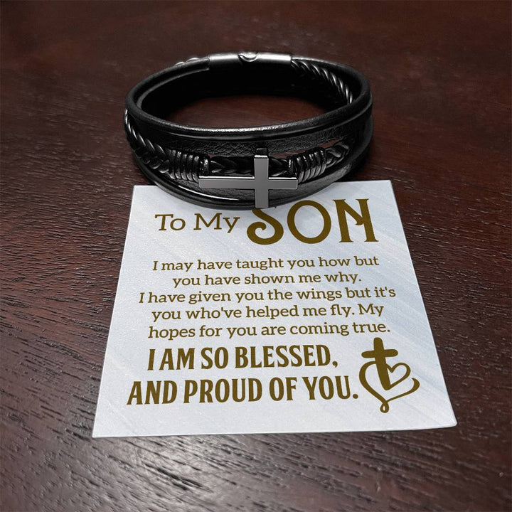 To My Son | I am so Blessed and Proud of You -  Men's Cross Leather Bracelet