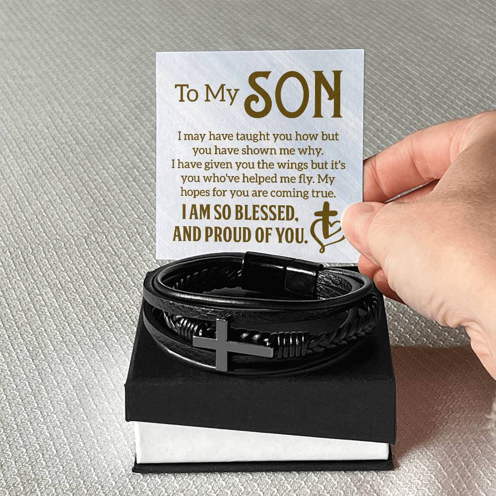 To My Son | I am so Blessed and Proud of You -  Men's Cross Leather Bracelet