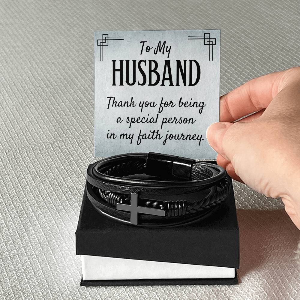 To My Husband | Thank you for being a special person in my Faith journey - Men's Cross Leather Bracelet