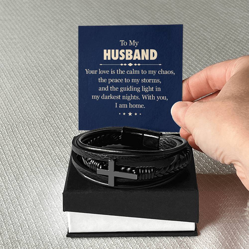 To My Husband | Your love is the calm to my chaos - Men's Cross Leather Bracelet