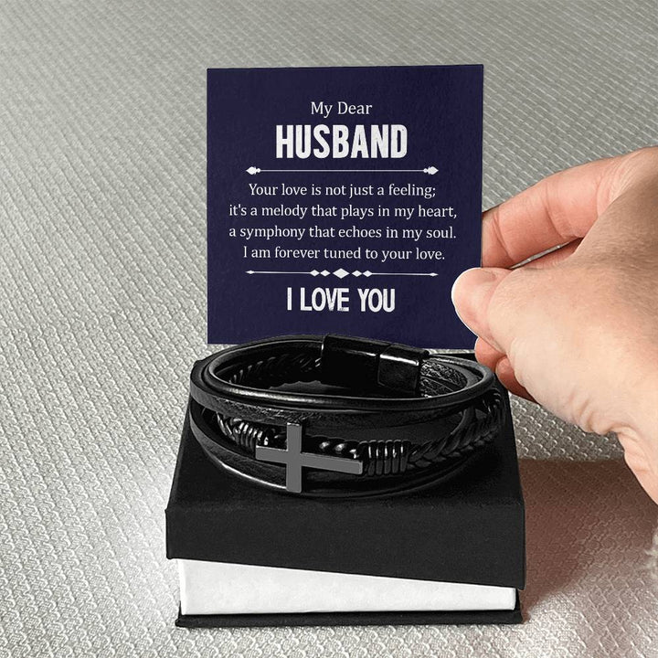 To My Dear Husband | I am forever turned to your Love - Men's Cross Leather Bracelet