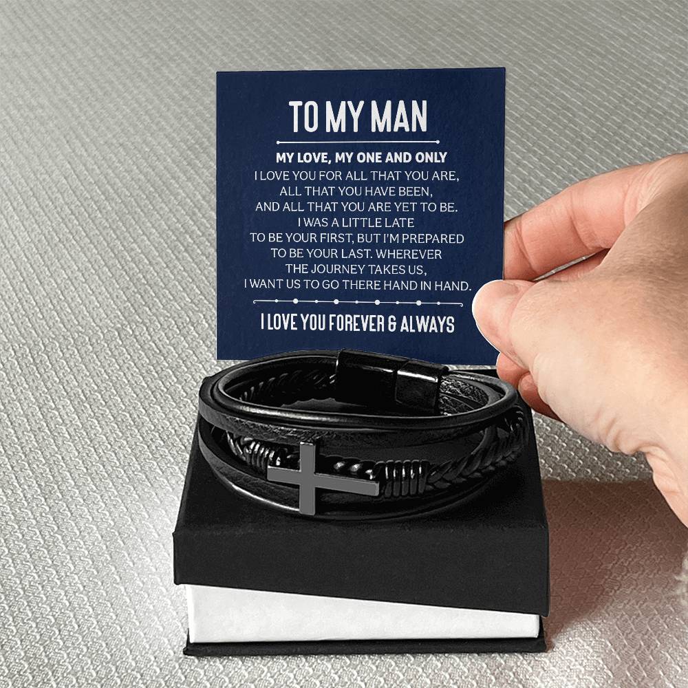 To My Man | My Love, My One and Only - Men's Cross Leather Bracelet