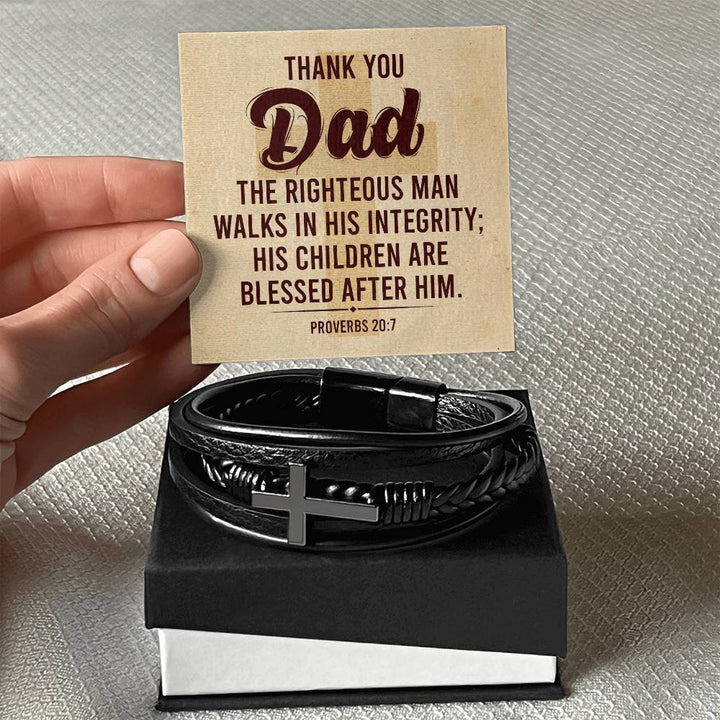 Thank you Dad | The righteous man walks in his integrity - Men's Cross Leather Bracelet