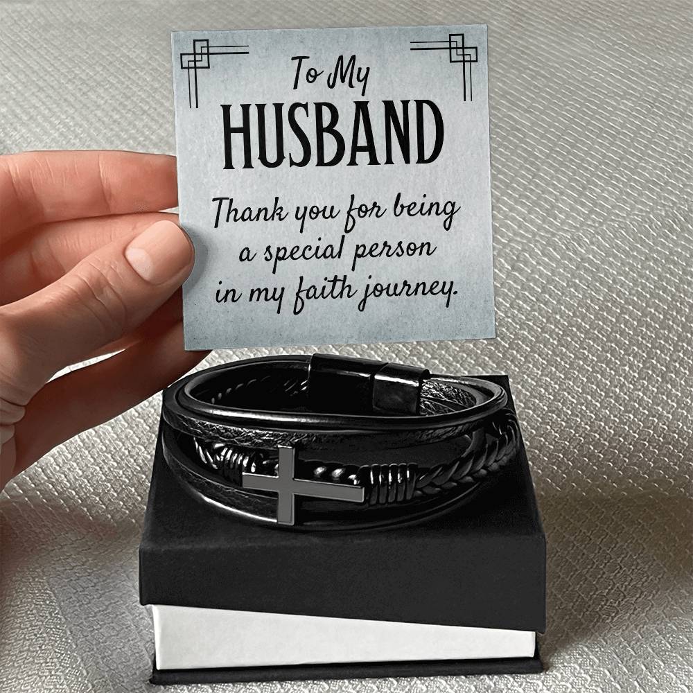 To My Husband | Thank you for being a special person in my Faith journey - Men's Cross Leather Bracelet