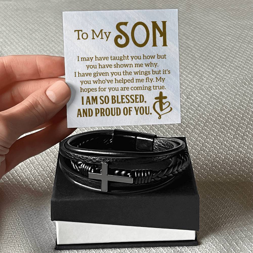 To My Son | I am so Blessed and Proud of You -  Men's Cross Leather Bracelet