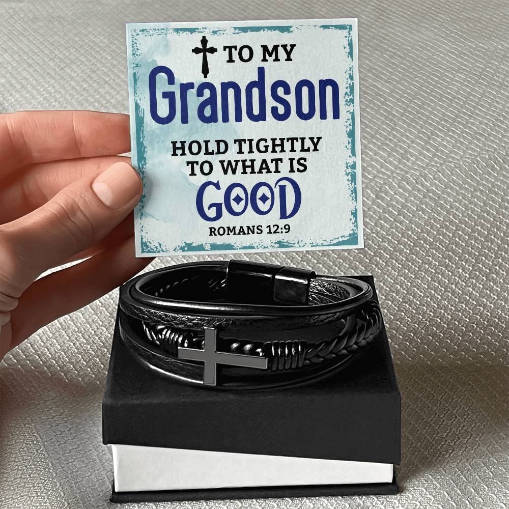 To My Grandson | Men's Cross Leather Bracelet