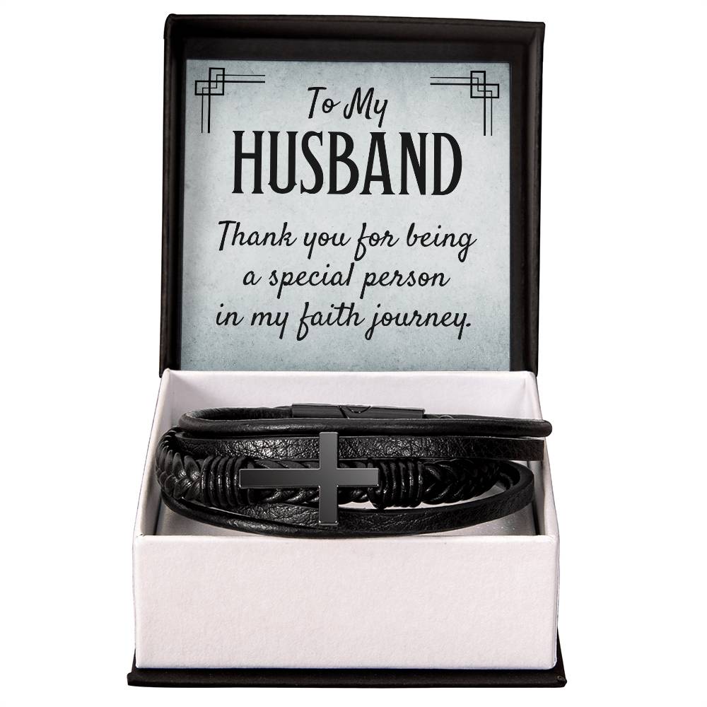 To My Husband | Thank you for being a special person in my Faith journey - Men's Cross Leather Bracelet