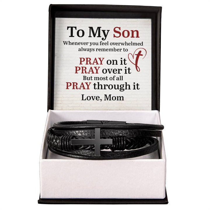 To My Son | Whenever you feel overwhelmed always to remember to Pray - Men's Cross Leather Bracelet