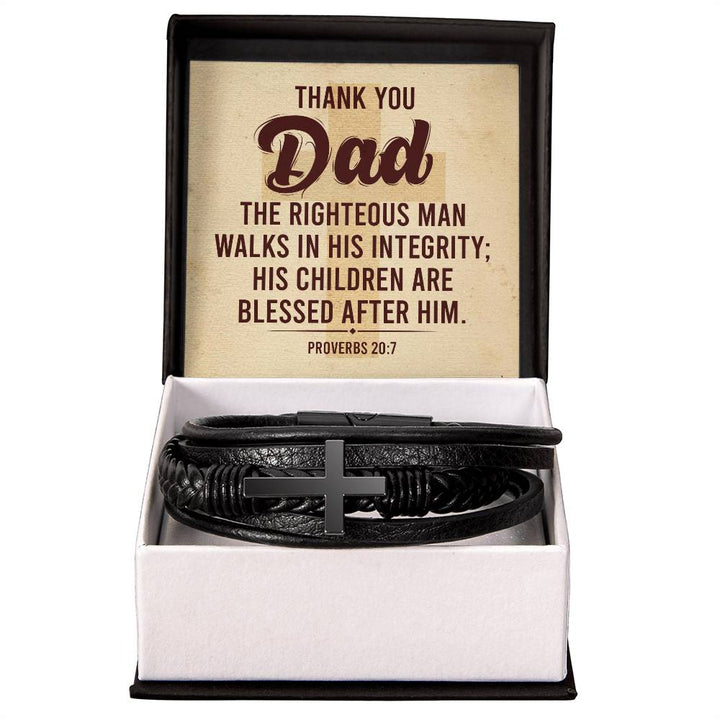 Thank you Dad | The righteous man walks in his integrity - Men's Cross Leather Bracelet