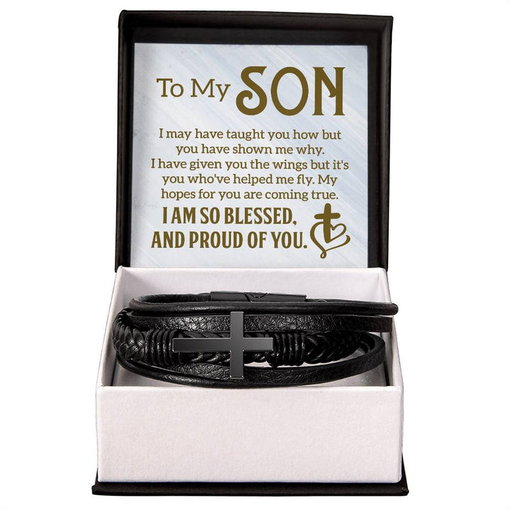 To My Son | I am so Blessed and Proud of You -  Men's Cross Leather Bracelet