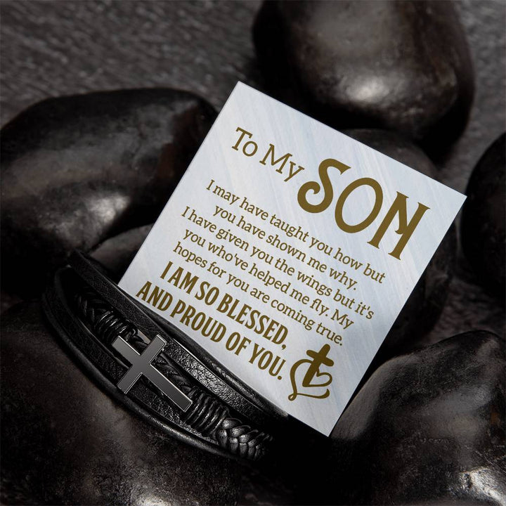 To My Son | I am so Blessed and Proud of You -  Men's Cross Leather Bracelet